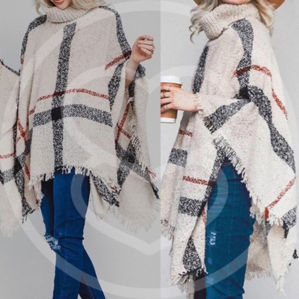 Cozy Navy Blue Turtleneck Plaid Frayed Hem Poncho - Picture 12 of 13